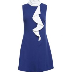 Sukienka z falbaną bonprix ciemnoniebiesko-biały. Niebieskie sukienki damskie bonprix, bez wzorów, eleganckie, ze stójką, bez rękawów. Za 79,99 zł.