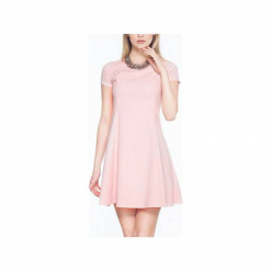 Rozkloszowana sukienka mini SL2165P. Czerwone sukienki mini marki Soleil, na wiosnę, s, z materiału, z krótkim rękawem, rozkloszowane. Za 119,00 zł.