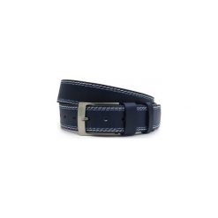 Granatowy pasek męski do jeansów z białym i błękitnym przeszyciem KMG28. Niebieskie paski męskie Modini Moda Męska, w paski, z jeansu, eleganckie. Za 67,50 zł.