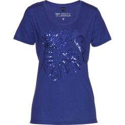 T-shirt z cekinami bonprix szafirowy. Niebieskie koszulki damskie bonprix, bez wzorów, bez kołnierzyka, bez rękawów. Za 59,99 zł.