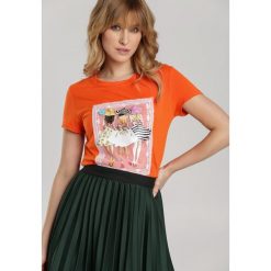 Pomarańczowy T-shirt Kleora. Pomarańczowe bluzki dziewczęce Renee, z haftami, z okrągłym kołnierzem, z krótkim rękawem, krótkie, bez kaptura. Za 49,99 zł.
