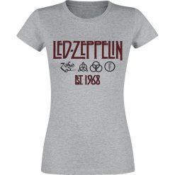 Led Zeppelin Est. 1968 Koszulka damska odcienie szarego. Szare koszulki damskie marki Led Zeppelin, l, bez wzorów, bez kołnierzyka. Za 74,90 zł.