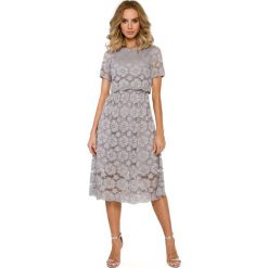 Szara Koronkowa Rozkloszowana Midi Sukienka z Krótkim Rękawem. Szare sukienki damskie marki Molly.pl, na imprezę, s, w koronkowe wzory, z koronki, eleganckie, bez kołnierzyka, z krótkim rękawem, krótkie, midi, rozkloszowane. Za 198,90 zł.