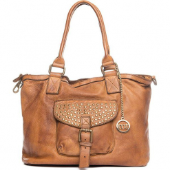 Skórzana torebka w kolorze jasnobrązowym - 34 x 29 x 13 cm. Brązowe torebki klasyczne damskie Mia Tomazzi, w paski, z materiału. W wyprzedaży za 636,95 zł.