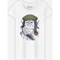 Koszulka "Wise Mr Chimp" w kolorze białym. Białe koszulki damskie Wooop, l, z nadrukiem, z bawełny, z okrągłym kołnierzem. W wyprzedaży za 56,95 zł.