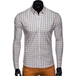 KOSZULA MĘSKA W KRATĘ Z DŁUGIM RĘKAWEM K447 - BEŻOWA. Brązowe koszule męskie Ombre Clothing, s, bez wzorów, z bawełny, bez kołnierzyka, z długim rękawem. Za 39,00 zł.