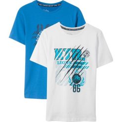 T-shirt (2 szt.) bonprix biały + niebieski. Białe t-shirty chłopięce bonprix, z nadrukiem, bez rękawów. Za 39,98 zł.