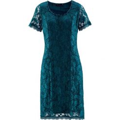 Sukienka koronkowa Premium bonprix niebieskozielony. Niebieskie sukienki damskie bonprix, bez wzorów, z koronki, eleganckie, z okrągłym kołnierzem, bez rękawów. Za 199,99 zł.
