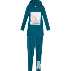 Długi shirt z kapturem + legginsy (2 części) bonprix niebiesko-zielony z nadrukiem. Niebieskie legginsy dziewczęce bonprix, z nadrukiem, długie. Za 69,99 zł.