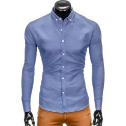 KOSZULA MĘSKA ELEGANCKA Z DŁUGIM RĘKAWEM K401 - GRANATOWA. Niebieskie koszule męskie Ombre Clothing, s, bez wzorów, eleganckie, bez kołnierzyka, z długim rękawem. Za 49,00 zł.