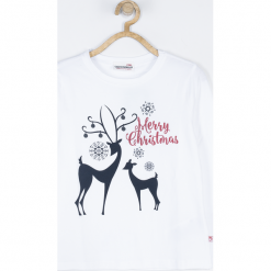 Koszulka. Białe bluzki dziewczęce bawełniane Merry Christmas, z nadrukiem, z długim rękawem. Za 49,90 zł.