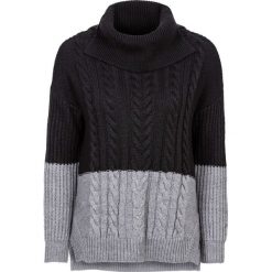 Sweter dzianinowy w warkocze bonprix czarno-szary. Czarne golfy damskie bonprix, z dzianiny. Za 79,99 zł.