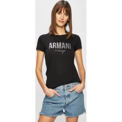 Armani Exchange - Top. Czarne bluzki damskie marki Armani Exchange, s, z nadrukiem, z wiskozy, z okrągłym kołnierzem. Za 219,90 zł.