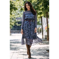 Sukienka wizytowa z falbaną u dołu - 34. Sukienki damskie e-margeritka.pl, z nadrukiem, z tkaniny, eleganckie, bez kołnierzyka, bez rękawów, midi, dopasowane. Za 149,99 zł.