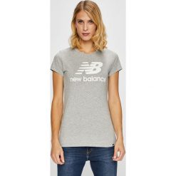 New Balance - Top. Szare topy damskie New Balance, l, z nadrukiem, z bawełny, z okrągłym kołnierzem. W wyprzedaży za 89,90 zł.