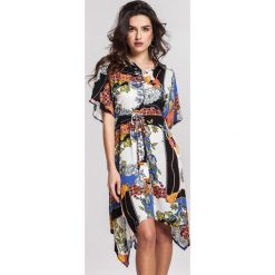 Niebieska Sukienka Makes. Czarne sukienki damskie Renee, xl, bez wzorów, z asymetrycznym kołnierzem, z krótkim rękawem, krótkie, midi, asymetryczne. Za 69,99 zł.