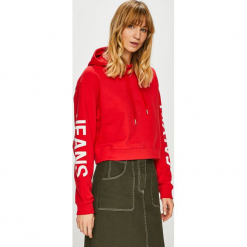Calvin Klein Jeans - Bluza. Czerwone bluzy z kapturem damskie Calvin Klein Jeans, l, z nadrukiem, z bawełny. Za 499,90 zł.