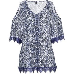 Tunika shirtowa z koronką bonprix szafirowo-biały. Niebieskie tuniki damskie bonprix, w koronkowe wzory, z koronki, bez kołnierzyka, bez rękawów. Za 32,99 zł.
