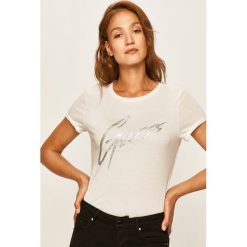 Guess Jeans - T-shirt. Szare bluzki damskie Guess Jeans, s, z nadrukiem, z bawełny, casualowe, z okrągłym kołnierzem. Za 219,90 zł.