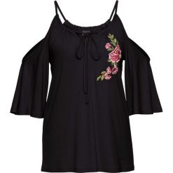 Shirt z wycięciami i haftem bonprix czarny. Czarne koszulki damskie bonprix, z haftami, z okrągłym kołnierzem, z krótkim rękawem. Za 49,99 zł.