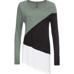 Shirt z długim rękawem bonprix oliwkowo-czarno-biały. Zielone koszulki damskie bonprix, bez wzorów, z asymetrycznym kołnierzem. Za 79,99 zł.