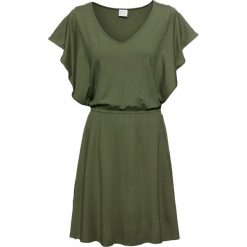 Sukienka letnia z dżerseju z rękawami z falban bonprix ciemny khaki. Zielone sukienki damskie bonprix, na lato, bez wzorów, z dżerseju, z dekoltem w serek, bez rękawów. Za 89,99 zł.