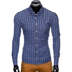 KOSZULA MĘSKA W KRATĘ Z DŁUGIM RĘKAWEM K429 - GRANATOWA/BŁĘKITNA. Niebieskie koszule męskie Ombre Clothing, s, bez wzorów, bez kołnierzyka, z długim rękawem. Za 39,00 zł.