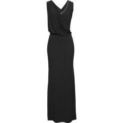 Sukienka wieczorowa ze sztrasami bonprix czarny. Czarne sukienki damskie marki bonprix, z aplikacjami, eleganckie, bez kołnierzyka, bez rękawów, kopertowe. Za 179,99 zł.