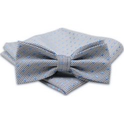Szara Mucha Męska -ALTIES- z Taką Samą Poszetką, w Błękitne Kropki, Grochy MUALTS0450. Szare muszki męskie Alties, na imprezę, w paski, eleganckie. Za 40,00 zł.