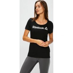 Reebok - Top. Czarne topy damskie marki Reebok, s, z nadrukiem, z bawełny, z okrągłym kołnierzem. Za 79,90 zł.