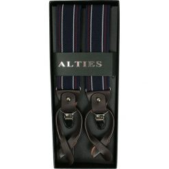 Klasyczne Szelki Męskie - Alties - Zapięcie na Guziki lub Żabki, Granatowe w Paski SZALTS0018. Niebieskie szelki męskie Alties. Za 78,00 zł.