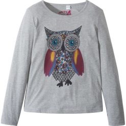 Shirt z długim rękawem i motywem sowy bonprix jasnoszary melanż. Szare bluzki dziewczęce marki bonprix, bez wzorów, bez kołnierzyka, z długim rękawem, długie, bez kaptura. Za 34,99 zł.