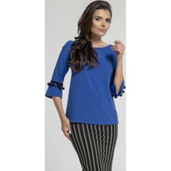 Bluzki damskie: Elegancka Granatowa Bluzka z Rozkloszowanym Rękawem 3/4 z Troczkami