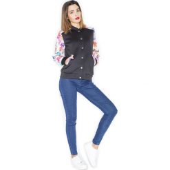 Czarna Kurtka Typu Bomber z Rękawami w Kwiatki. Czarne kurtki damskie Molly.pl, s, w kwiaty, z tkaniny, długie. Za 159,90 zł.