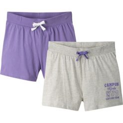 Krótkie spodenki (2 pary) bonprix jasny lila + naturalny melanż. Fioletowe spodnie dziewczęce bonprix, z nadrukiem, z bawełny, sportowe, krótkie. Za 29,98 zł.