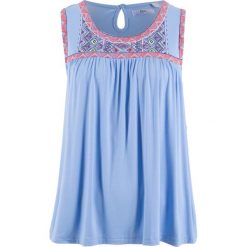 Top dzianinowy bonprix perłowy niebieski z nadrukiem. Niebieskie topy damskie bonprix, z nadrukiem, z dzianiny. Za 54,99 zł.