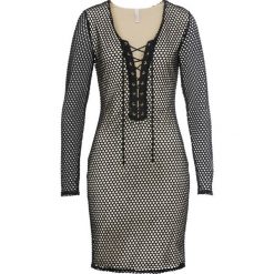 Sukienka siatkowa ze sznurowaniem bonprix czarno-naturalny. Czarne sukienki damskie bonprix, bez wzorów, bez kołnierzyka, bez rękawów. Za 38,99 zł.