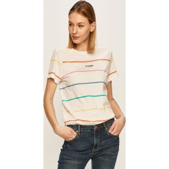 Wrangler - T-shirt. Białe bluzki damskie Wrangler, s, bez wzorów, z bawełny, casualowe, z okrągłym kołnierzem, z krótkim rękawem. Za 99,90 zł.