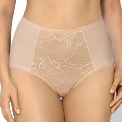Figi klasyczne Tatiana wysokie. Brązowe figi damskie Nipplex, w koronkowe wzory, z bawełny. Za 40,99 zł.