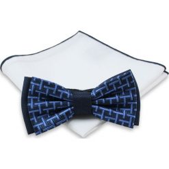 Niebiesko-Granatowa Mucha + Biała Poszetka - Chattier, Męska MUCH0211. Niebieskie muszki męskie Chattier, w paski, eleganckie. Za 44,00 zł.