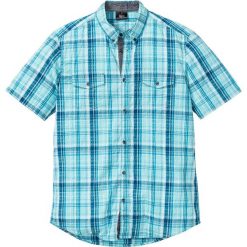 Koszula z kory w kratę, krótki rękaw bonprix turkusowo-niebieski w kratę. Niebieskie koszule męskie bonprix, xl, bez wzorów, bez kołnierzyka, z krótkim rękawem. Za 74,99 zł.