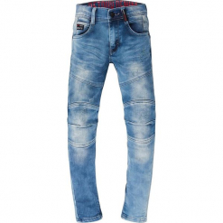 Dżinsy w kolorze niebieskim. Niebieskie spodnie chłopięce marki Retour Denim de Luxe, z aplikacjami, ze skóry. W wyprzedaży za 115,95 zł.