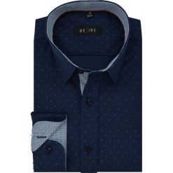 Koszula Męska z Długim Rękawem, Slim-Fit, Granat w Drobny Wzór KSDWDSRE126. Niebieskie koszule męskie Desire, m, bez wzorów, z bawełny, eleganckie, bez kołnierzyka, z długim rękawem. Za 109,00 zł.