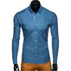 KOSZULA MĘSKA W KRATĘ Z DŁUGIM RĘKAWEM K438 - GRANATOWA/ZIELONA. Zielone koszule męskie Ombre Clothing, s, bez wzorów, z bawełny, bez kołnierzyka, z długim rękawem. Za 39,00 zł.