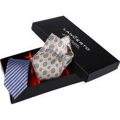 Zestaw Krawat plus Poszetka. Szare poszetki męskie marki LANCERTO, w paski, z jedwabiu, eleganckie. Za 199,90 zł.