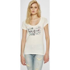 Pepe Jeans - Top Cara. Szare topy damskie Pepe Jeans, l, z nadrukiem, z bawełny, z okrągłym kołnierzem. W wyprzedaży za 79,90 zł.