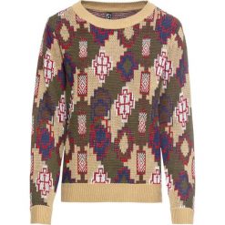 Sweter bonprix beżowo-brązowo-oliwkowy. Brązowe swetry damskie bonprix, z aplikacjami, bez rękawów, bez kaptura. Za 99,99 zł.