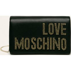 Love Moschino - Torebka. Czarne listonoszki damskie Love Moschino, w paski, ze skóry ekologicznej, na ramię, małe, z aplikacjami. W wyprzedaży za 379,90 zł.