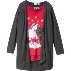 Shirt z długim rękawem + shirt bez zapięcia (2 części) bonprix czerwono-antracytowy melanż. Czerwone bluzki dziewczęce marki bonprix, z nadrukiem, z okrągłym kołnierzem, z długim rękawem, długie, bez kaptura. Za 54,99 zł.