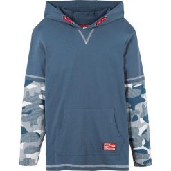 Shirt z efektem 2 w 1 i kapturem bonprix indygo wzorzysty. Niebieskie t-shirty chłopięce bonprix, w paski, z długim rękawem. Za 44,99 zł.
